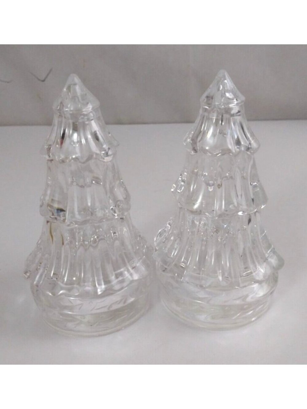 Vintage Clear Lucite Christmas Tree Plastic 4.38" Salt & Pepper Shakers